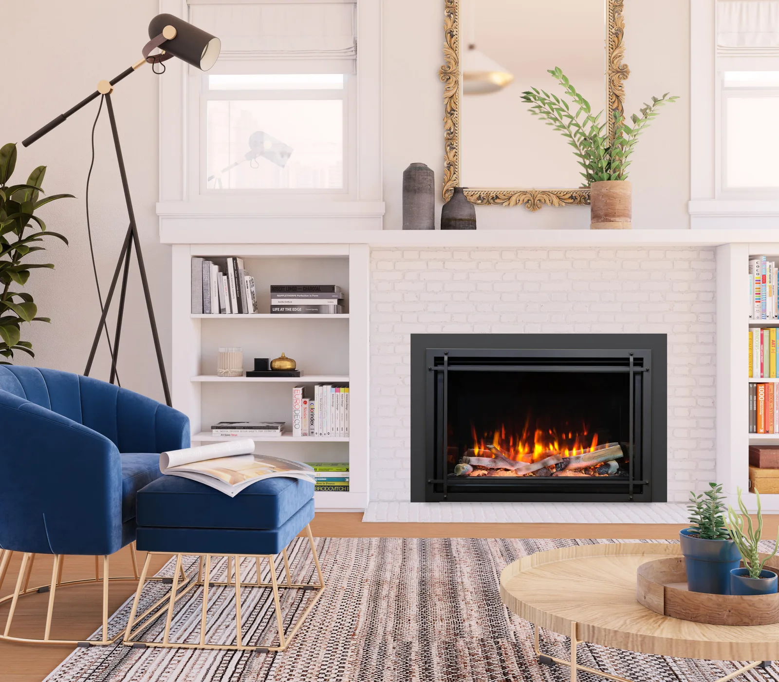 A Kozy Heat Osseo E29 electric fireplace glowing in a white brick wall beside built-in shelves