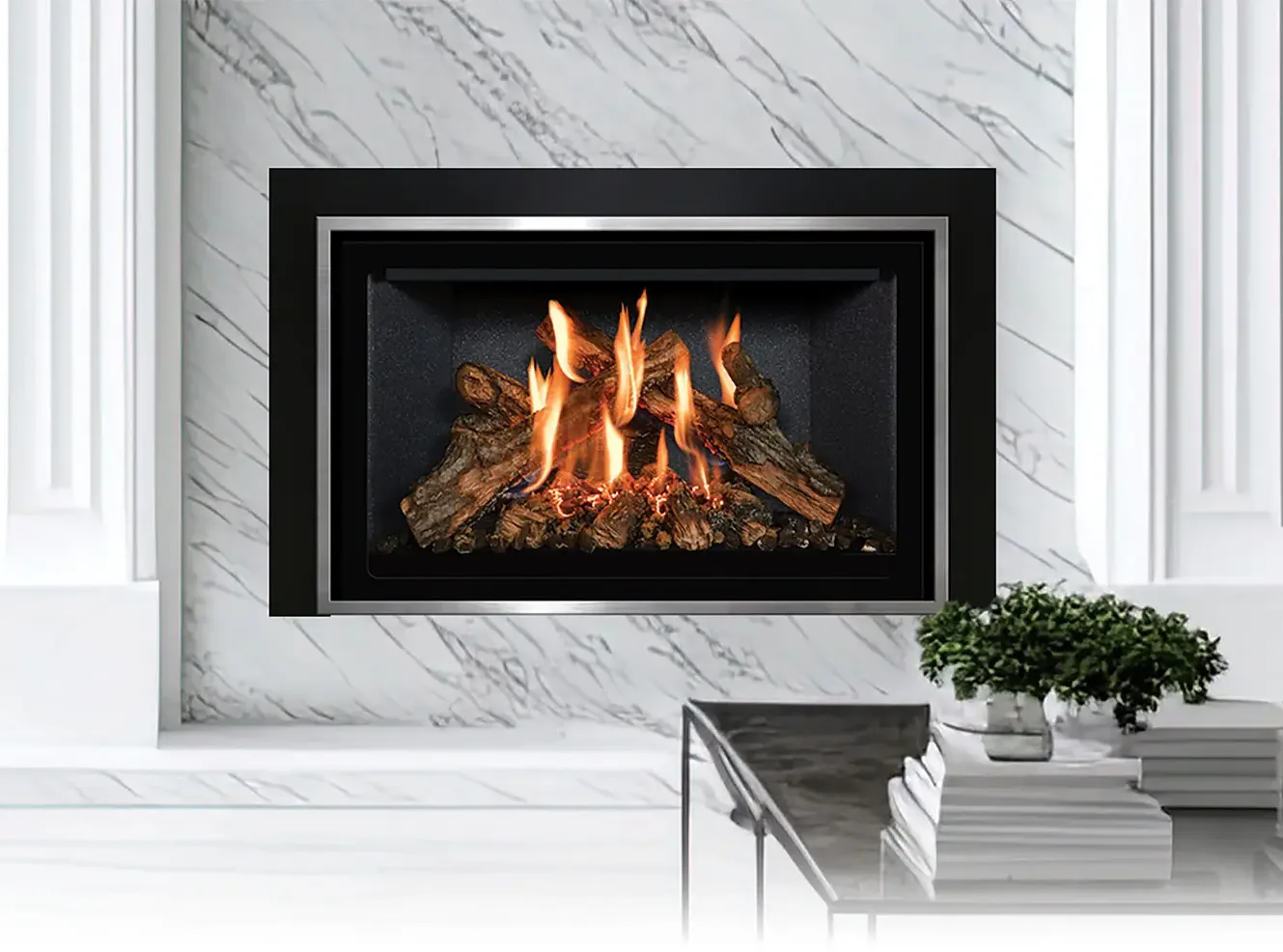 A Mendota FV33i FireIn gas insert burning in a marble fireplace wall