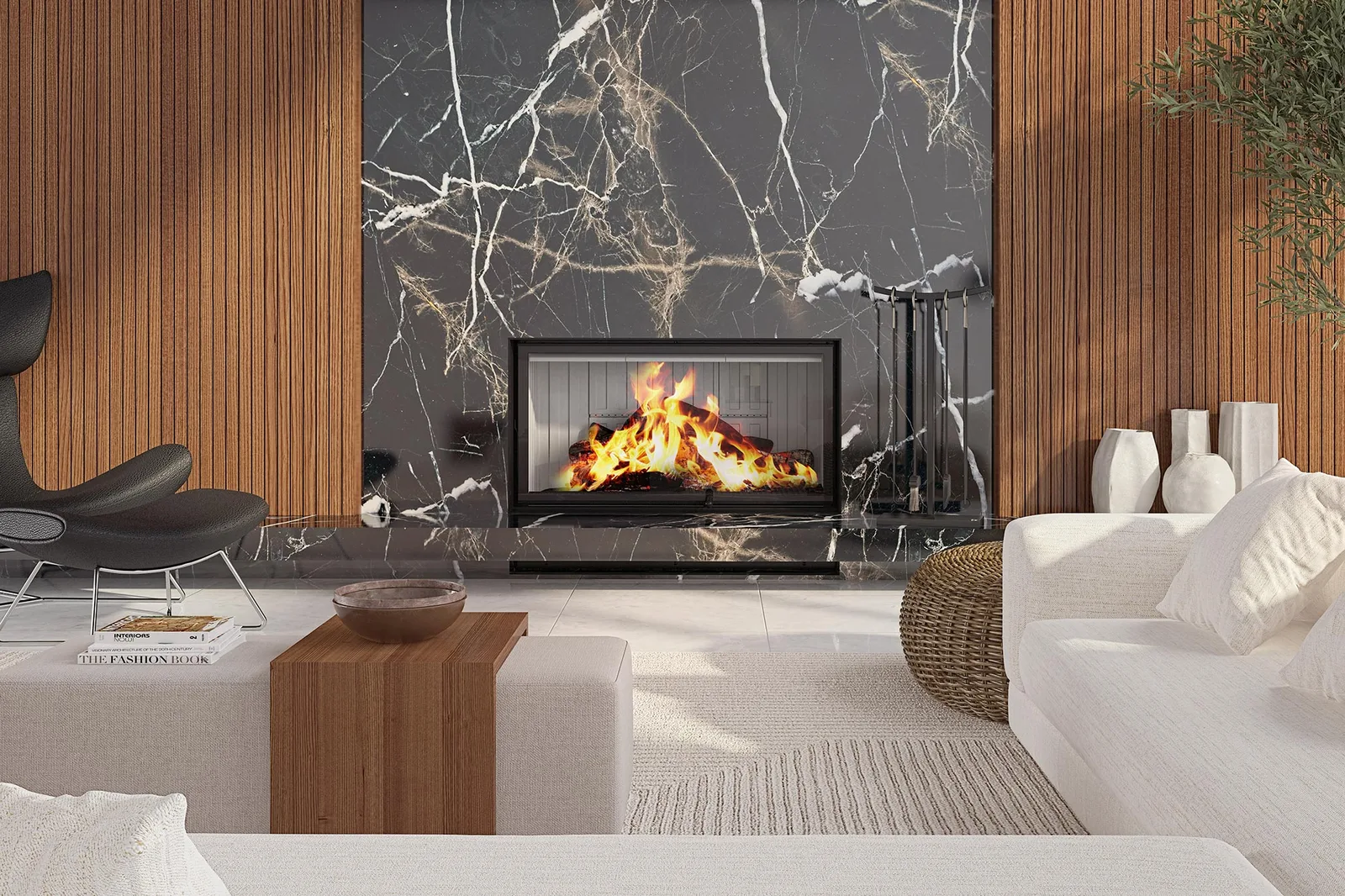 An Ambiance Luxus 40 Low wood fireplace burning in a marble and wood-slat feature wall
