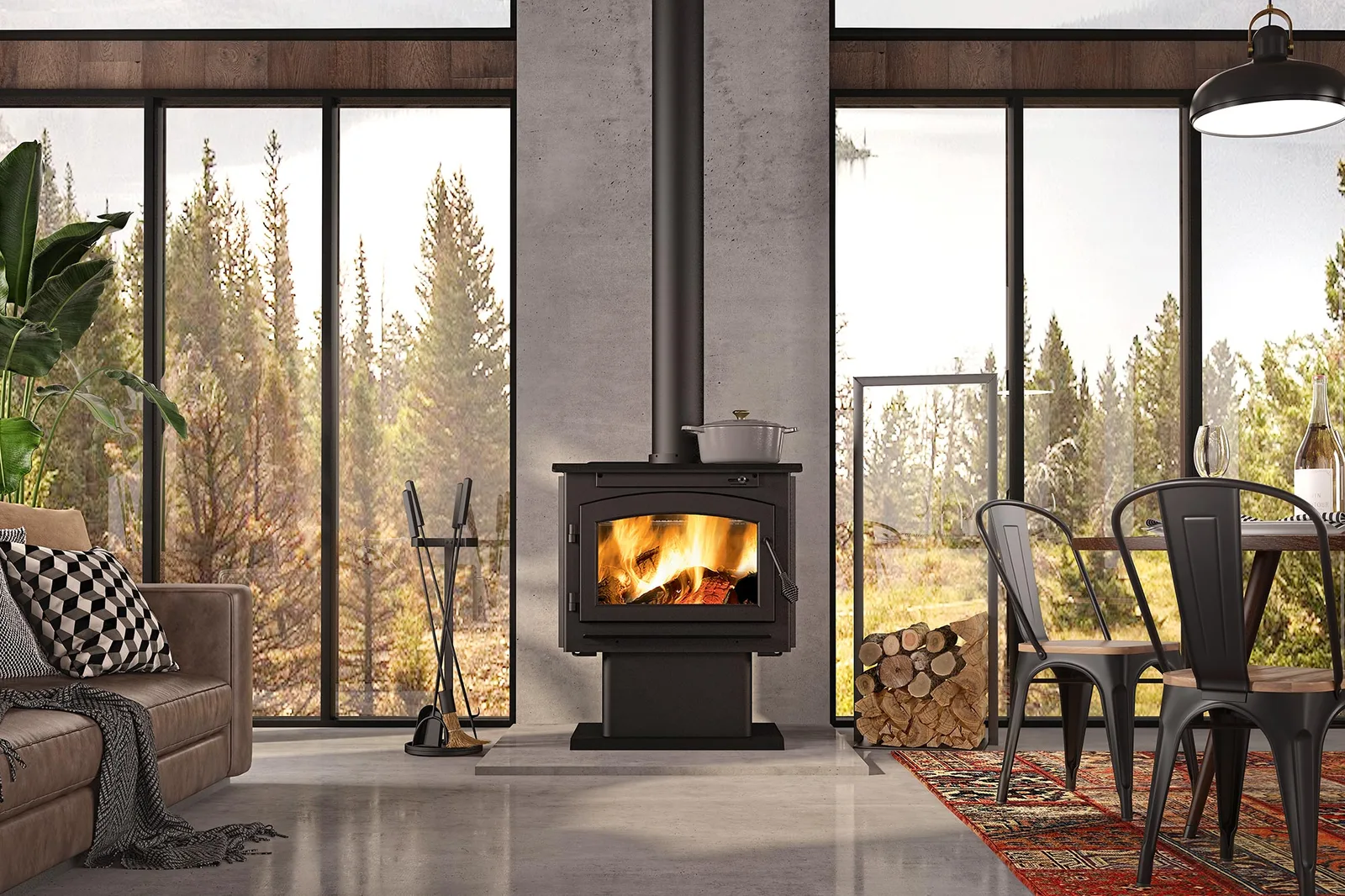 A freestanding wood stove burning in a bright modern room with a stacked wood rack