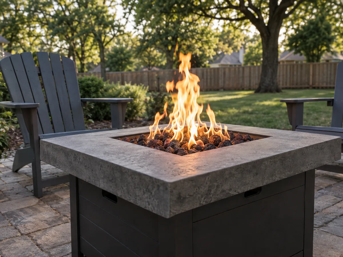 A lit square gas fire pit table on a paver patio beside two Adirondack chairs