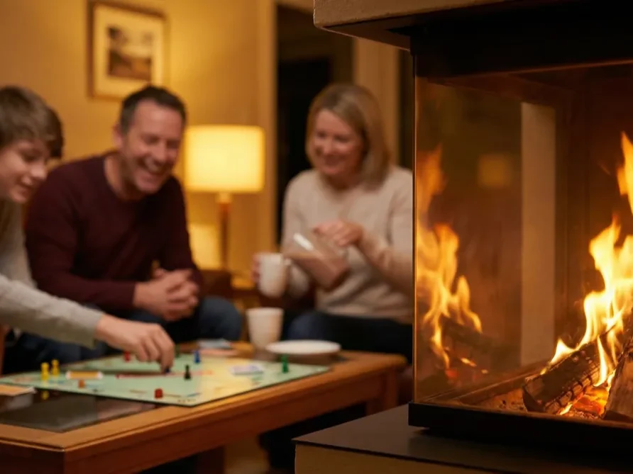 A family laughing over a board game at the coffee table beside a lit glass-front fireplace