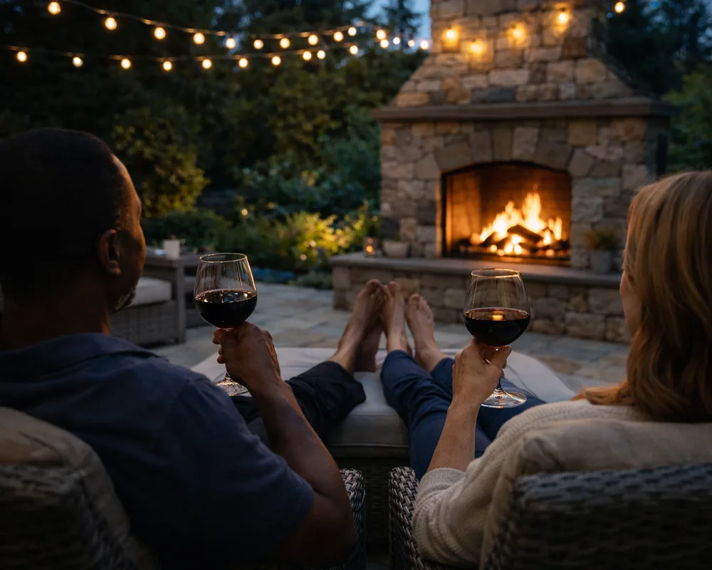 A couple relaxing with wine beside a lit outdoor stone fireplace under string lights at dusk