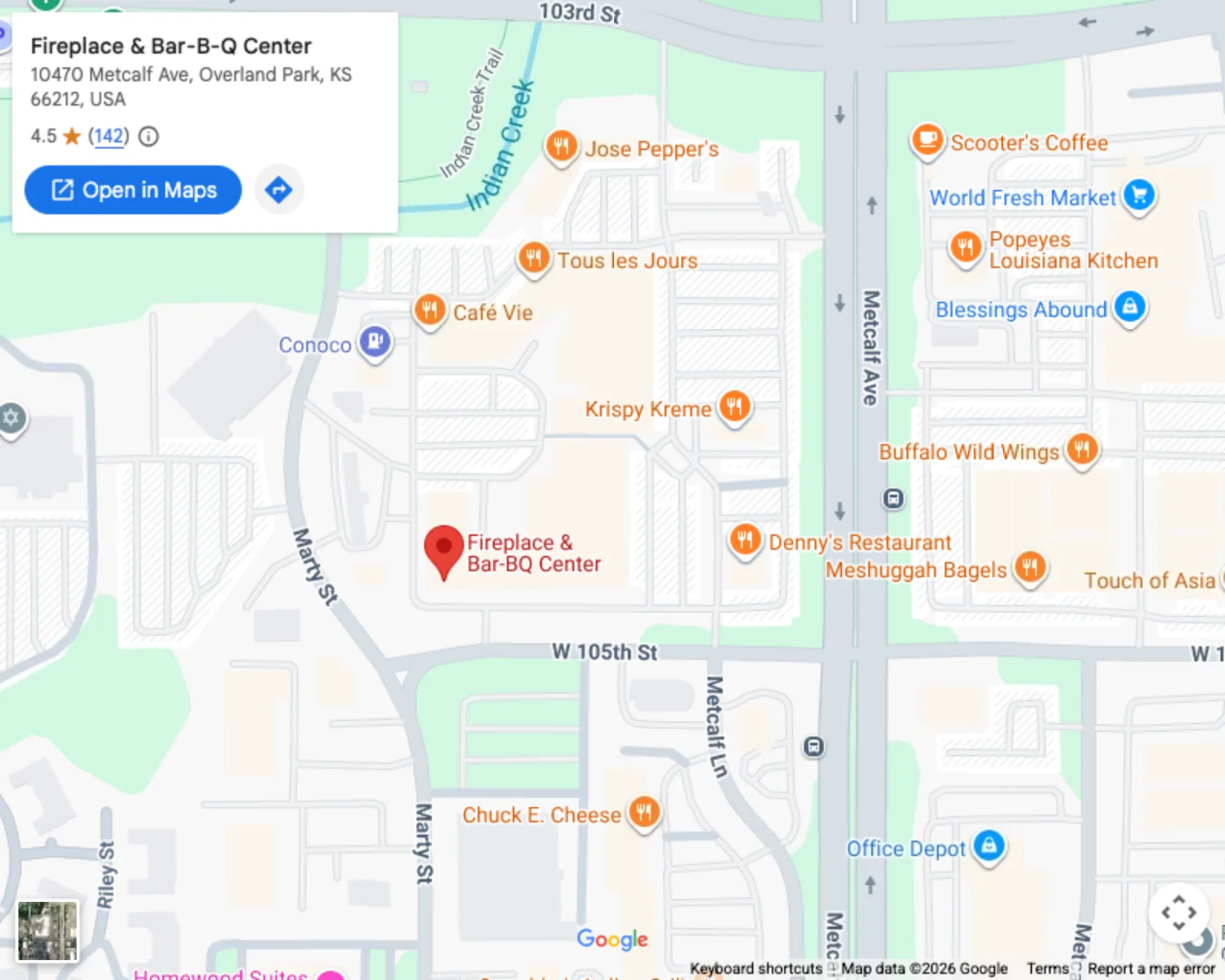 Map of Overland Park with the Fireplace and Bar-B-Q Center pin at 10470 Metcalf Ave, just south of West 105th Street
