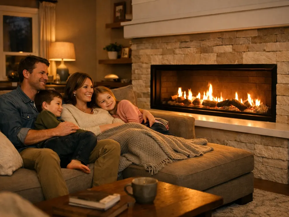 A Kansas City family relaxing together by a lit fireplace with a stone surround