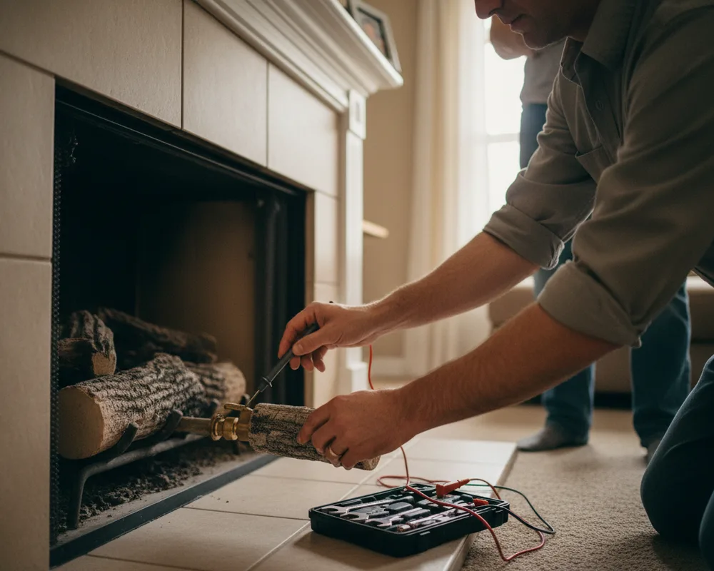 A factory-trained technician kneeling and servicing a gas fireplace with tools in a Kansas City home
