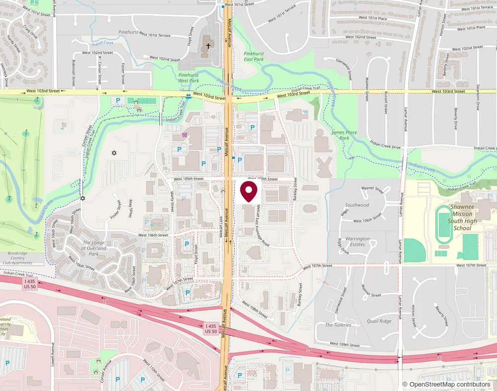 Street map showing the Fireplace and Bar-B-Q Center showroom at 10470 Metcalf Ave in Overland Park, an easy drive from Overland Park