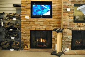 Direct vent fireplace displays burning in the Overland Park showroom