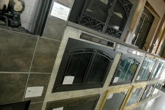 Fireplace glass door displays in the Overland Park showroom